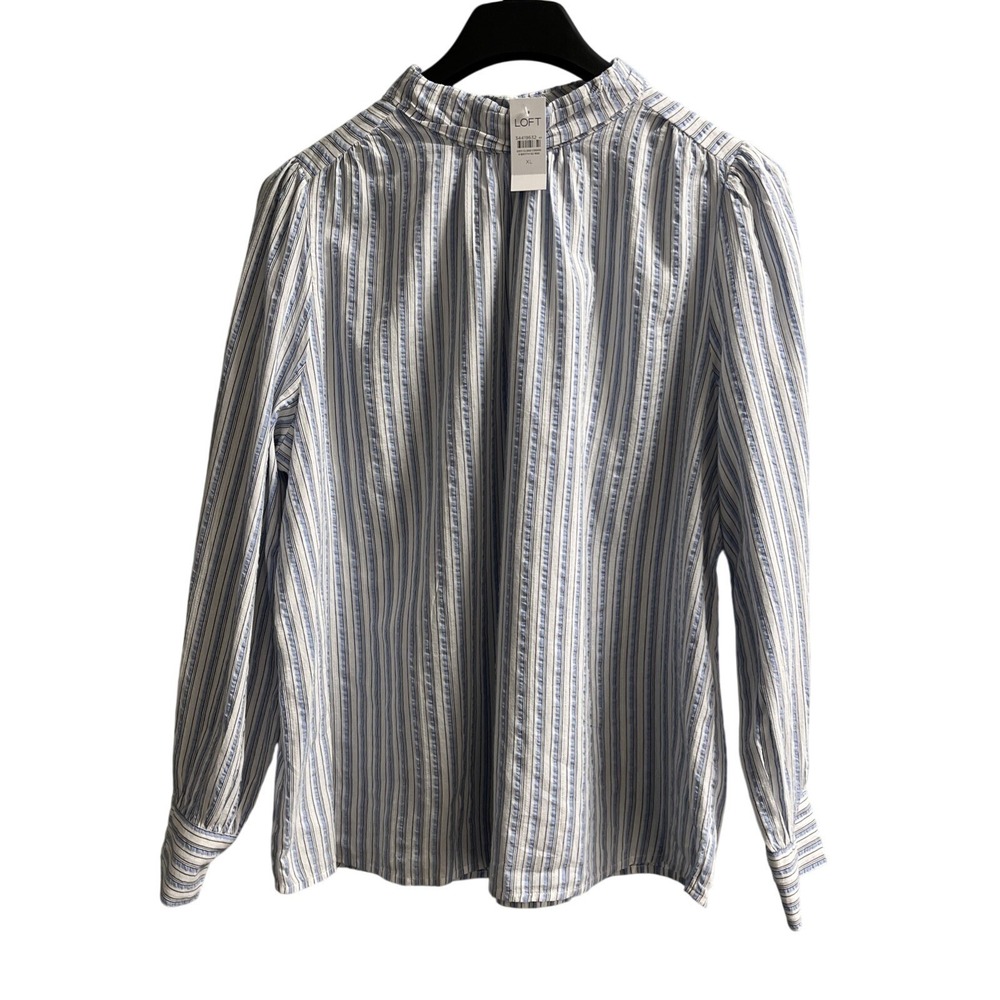 Loft Womens Top Blue Striped High Neck Keyhole Back Blouse Womens XL Preppy